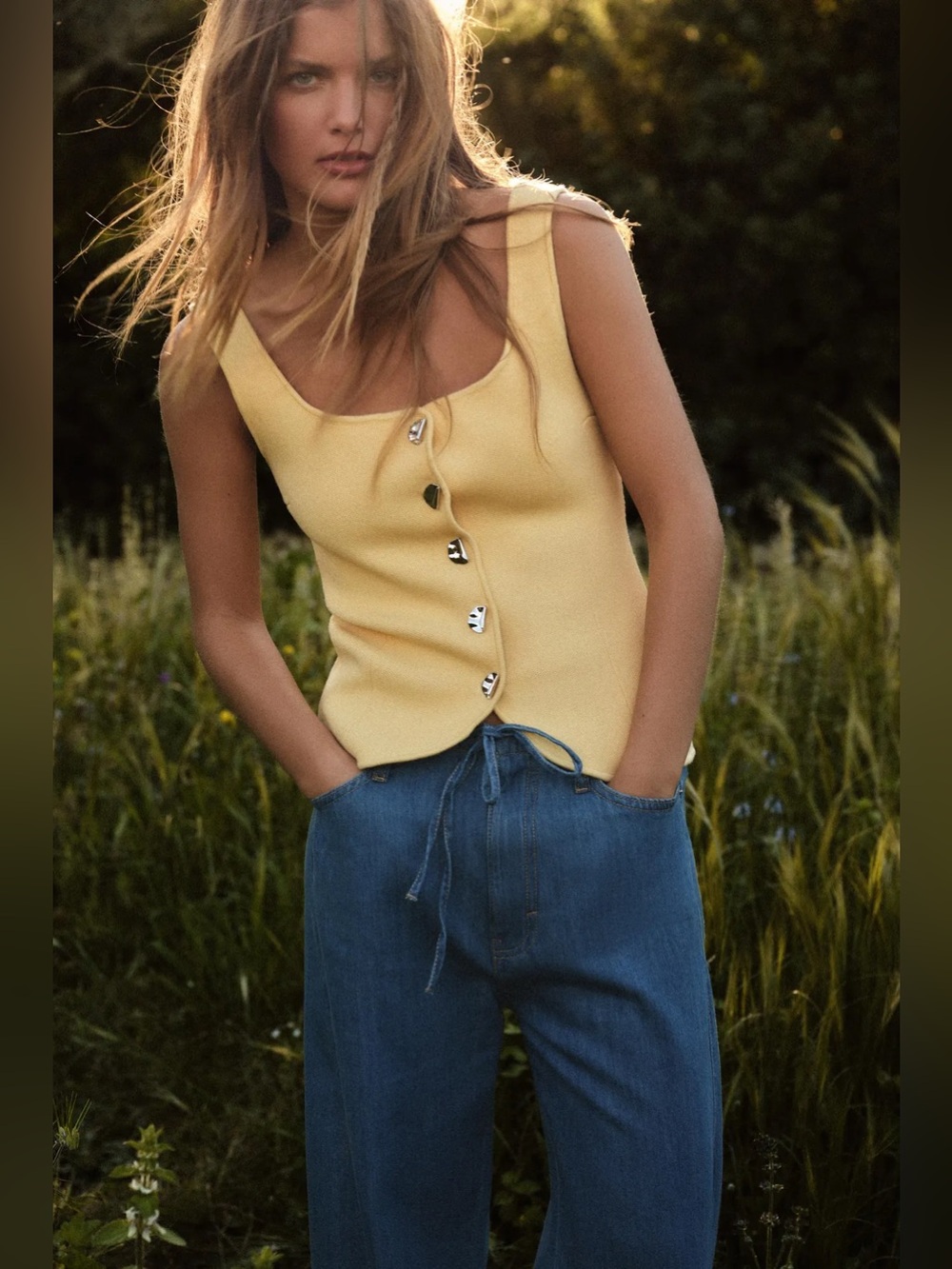 NWT Zara Button Down Top - Yellow, Vest, Ribbed, Metallic